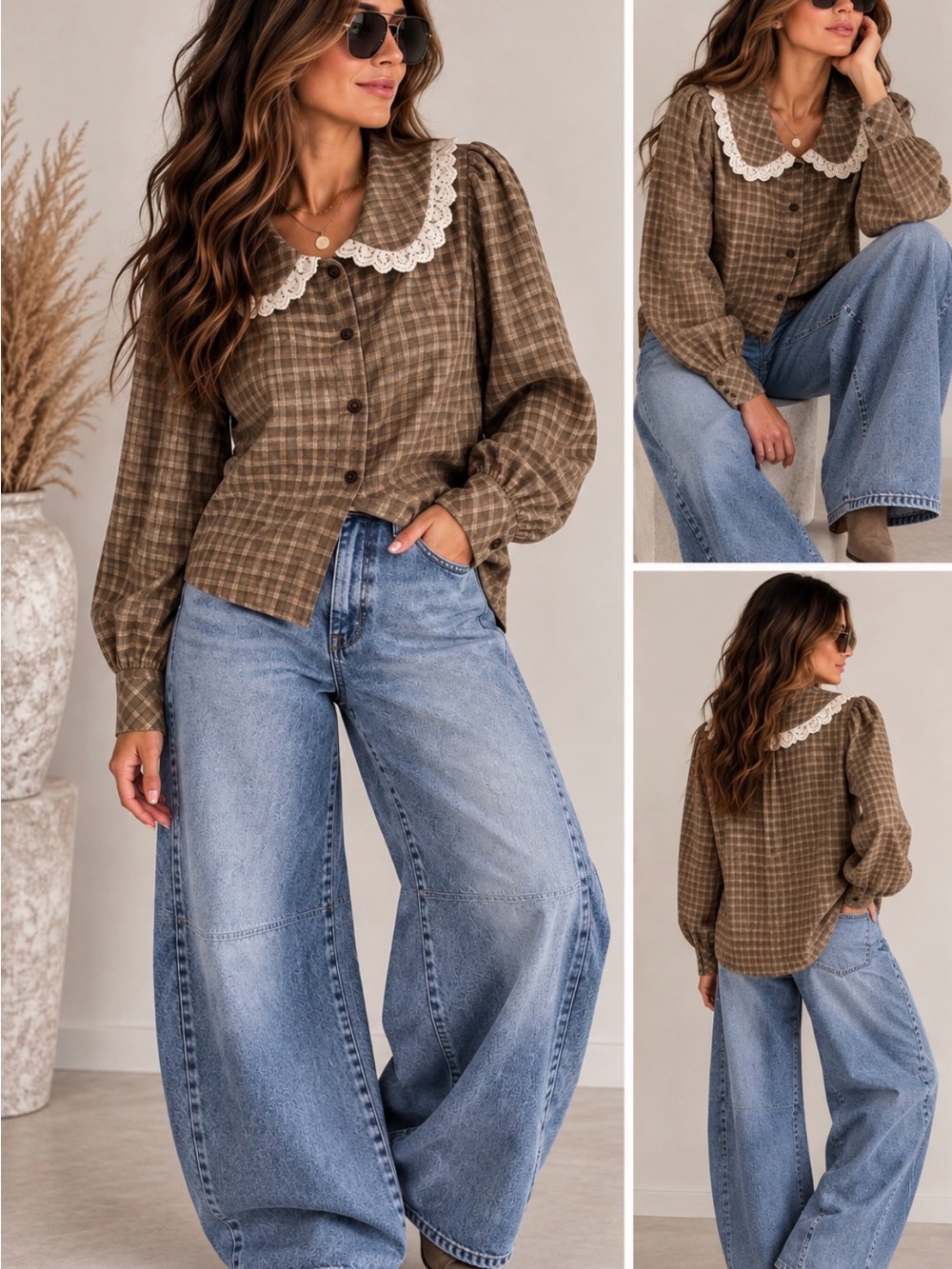 Hem & Thread Brown Plaid Blouse with Lace Collar